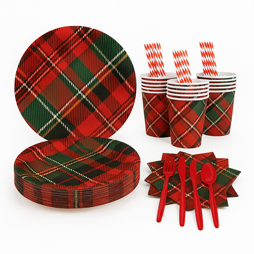 Christmas plaid party set including red-green tartan paper plates, matching cups with striped straws, plaid napkins, and red plastic utensils displayed on a white background.