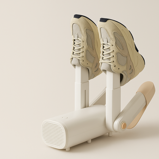 ThiccFitts Electric Shoe Dryer with dual warm-air tubes drying a pair of beige sneakers on a minimalist beige background.