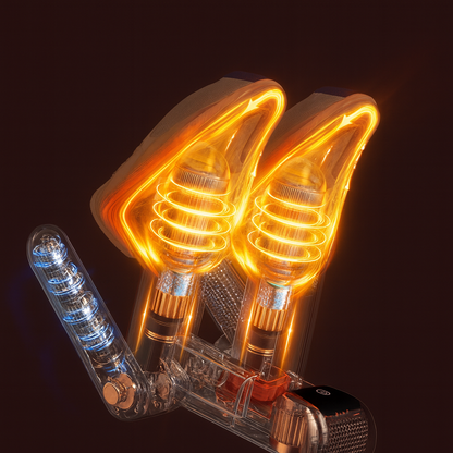 Internal heating system of the ThiccFitts Electric Shoe Dryer showing glowing warm-air coils circulating heat inside the dryer tubes.