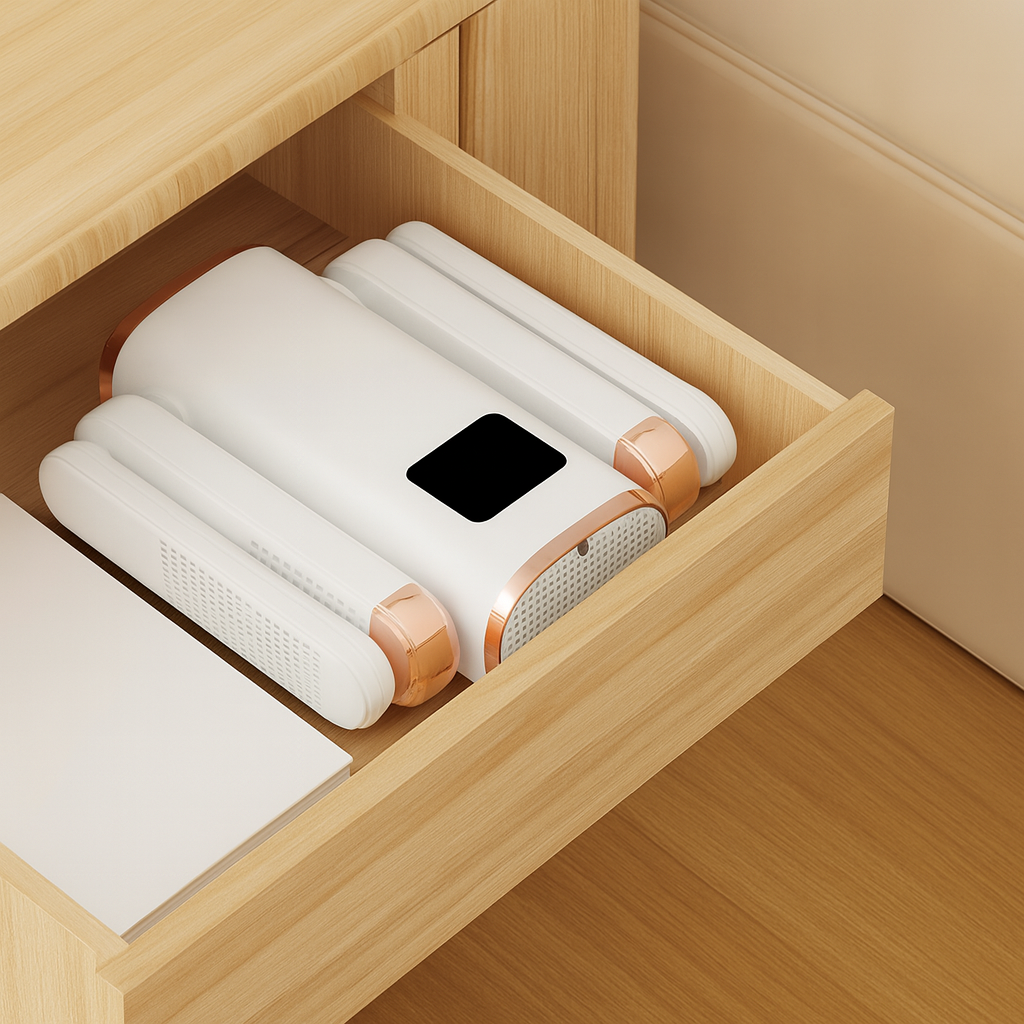 ThiccFitts Electric Shoe Dryer folded compactly and stored inside a wooden drawer.