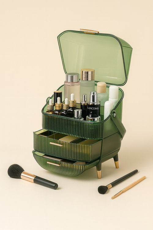 Green dustproof makeup organizer display rack filled with skincare and cosmetics, shown on a beige background.