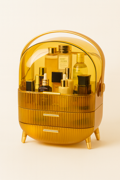 Yellow dustproof makeup organizer with clear dome lid and drawers holding skincare and makeup items.