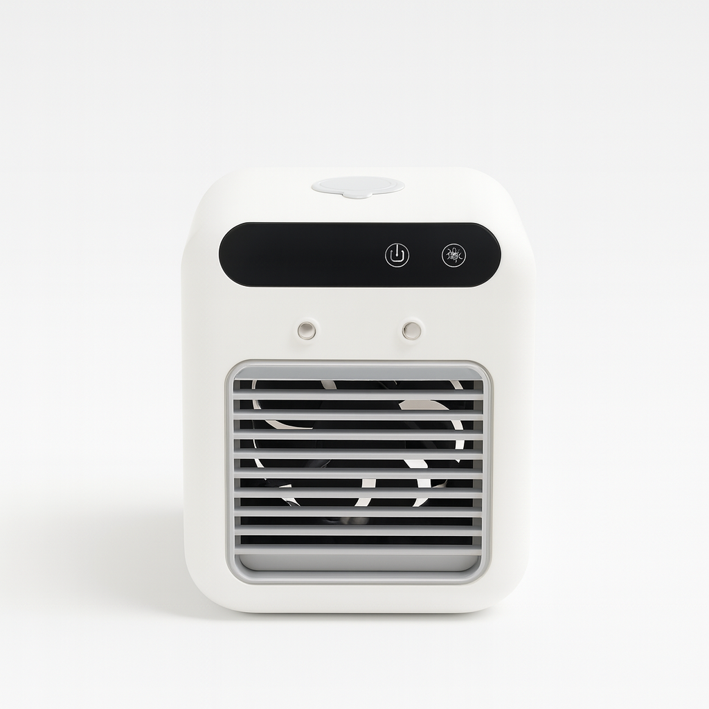 ThiccFitts Mini Air Conditioner with front grill and control panel, shown on a white background.