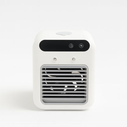 ThiccFitts Mini Air Conditioner with front grill and control panel, shown on a white background.