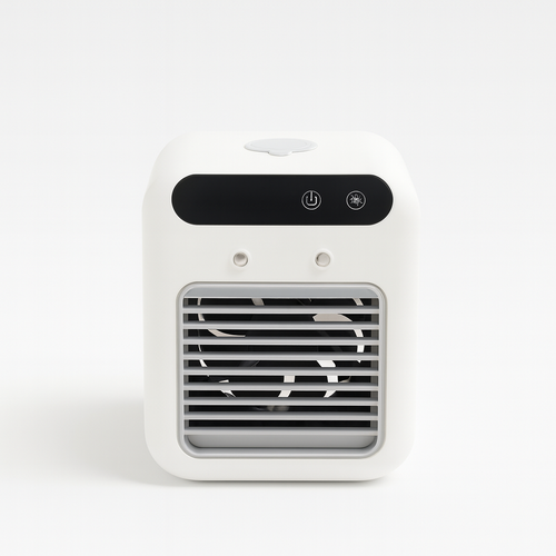 ThiccFitts Mini Air Conditioner with front grill and control panel, shown on a white background.