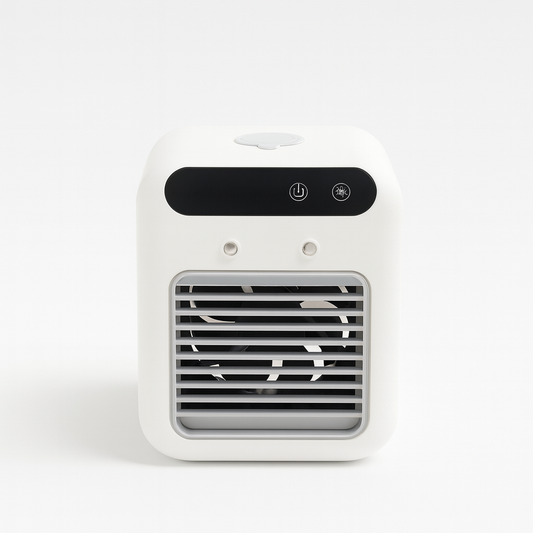 ThiccFitts Mini Air Conditioner with front grill and control panel, shown on a white background.
