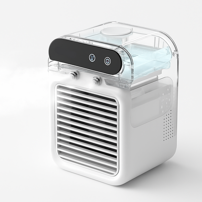 ThiccFitts Mini Air Conditioner releasing cool mist, with transparent top water tank and front cooling vents on a white background.