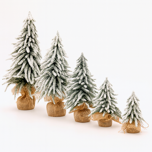 Set of small frosted mini Christmas trees with snowy branches and burlap bases arranged in a row on a white background.