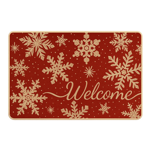 Festive red welcome doormat decorated with beige snowflakes on a white background.