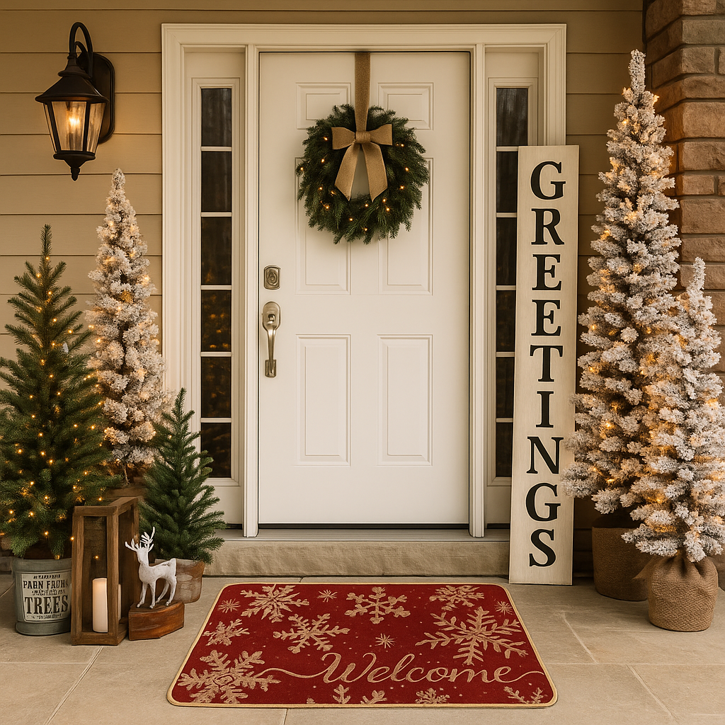 Festive front porch decorated with Christmas trees, wreath, and red snowflake welcome doormat.