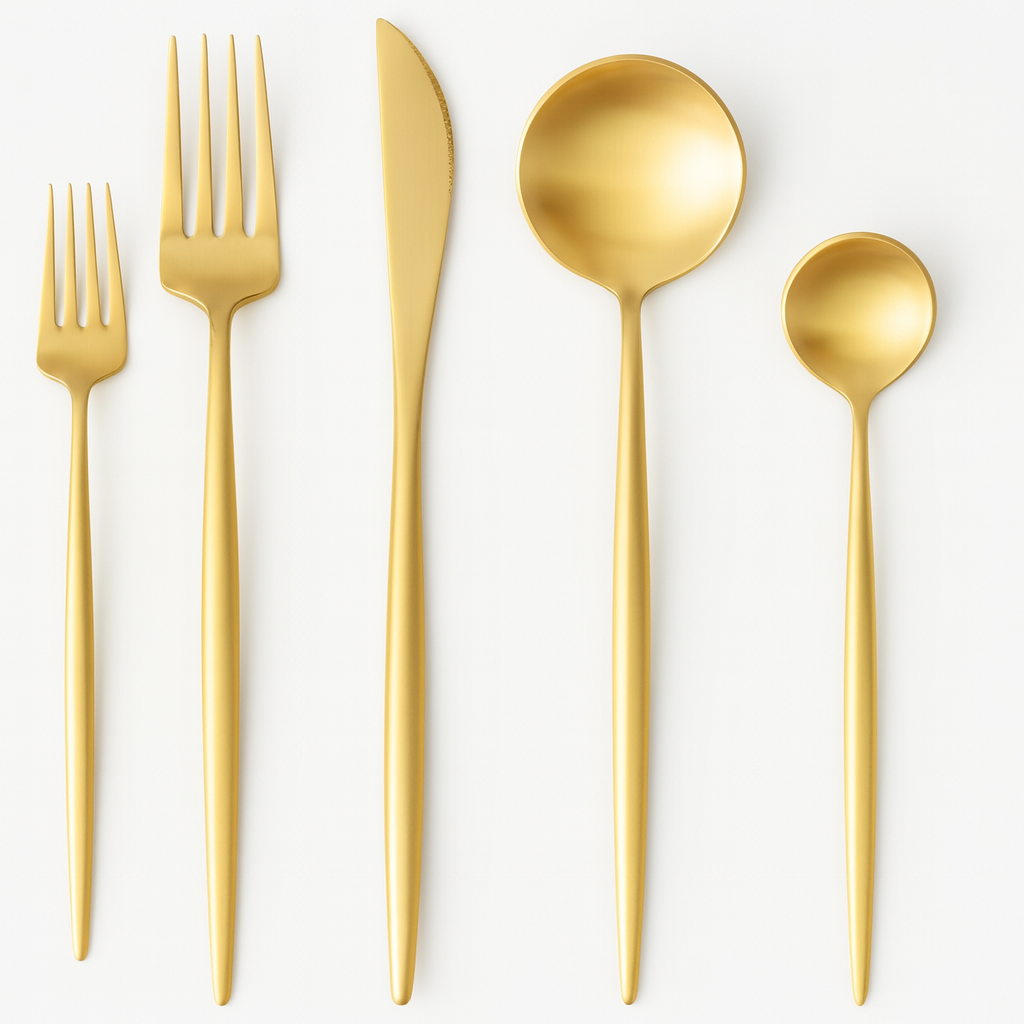 Gold stainless steel cutlery set with two forks, a knife and two spoons arranged on a white background.