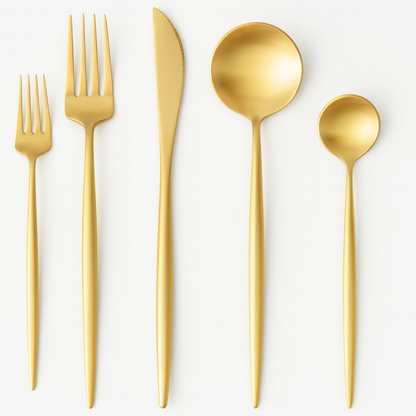 Gold stainless steel cutlery set with two forks, a knife and two spoons arranged on a white background.